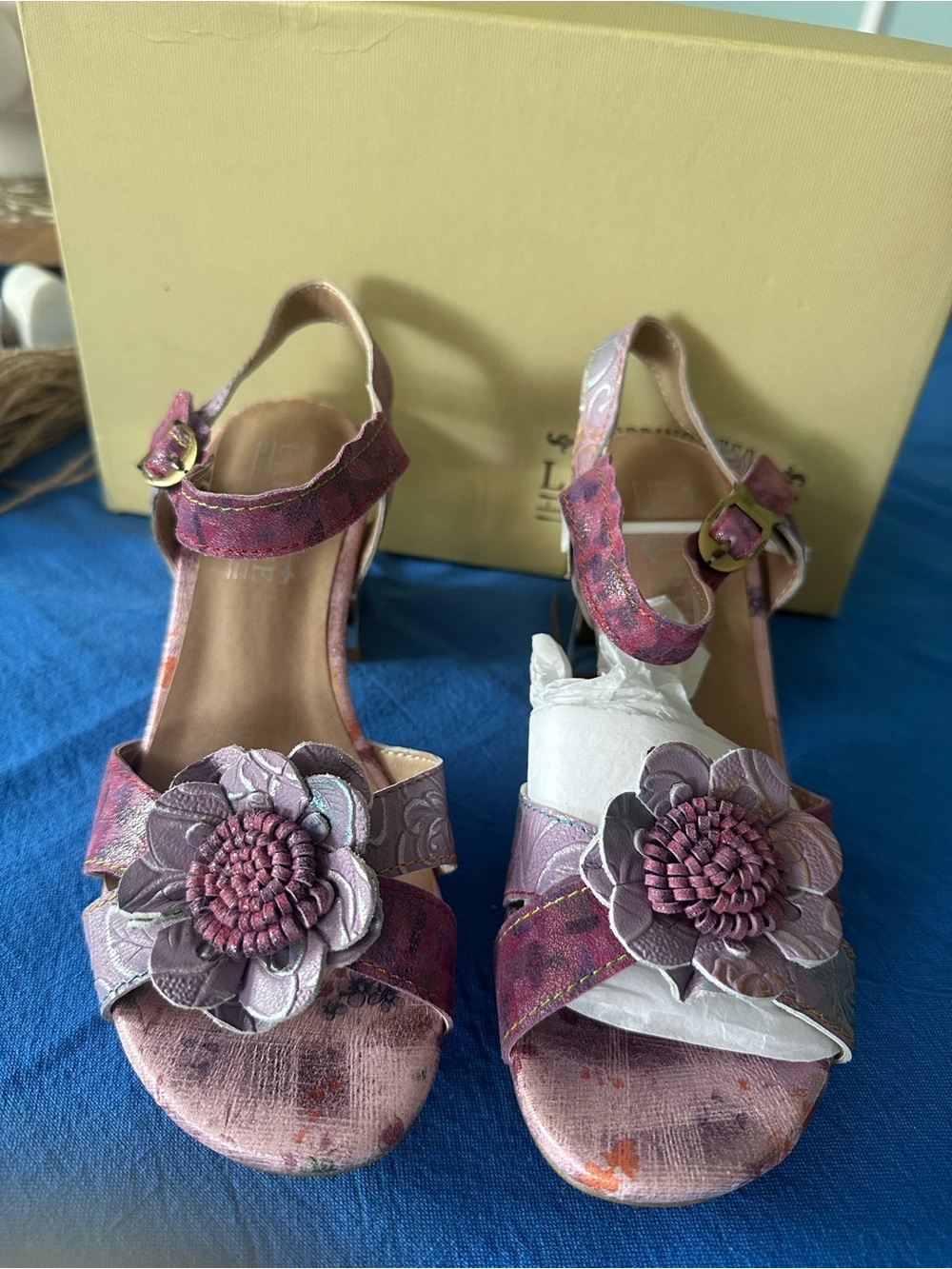 L'Artiste Pink Multi Floral Block Heel Sandals with Ankle Strap - Picture 2 of 4